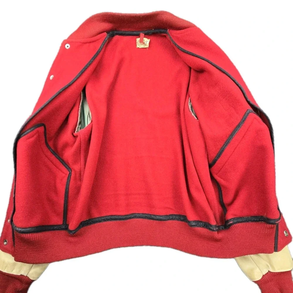 Vintage Lowe & Campbell Varsity Letterman Jacket 50s Red Wool‎ Tan Leather Small